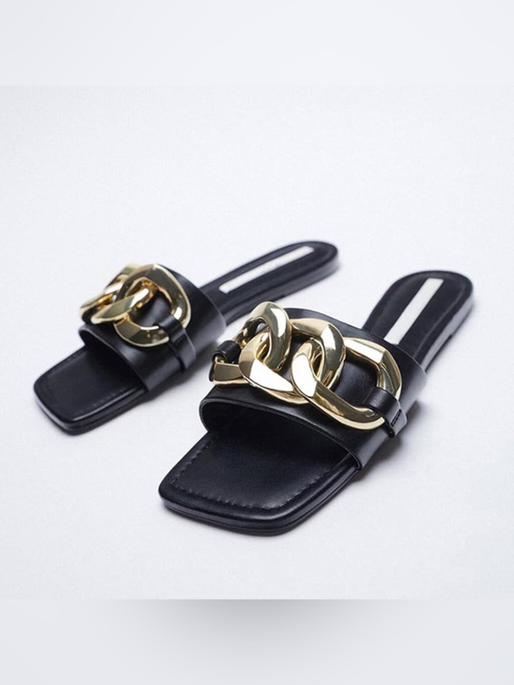 NWOT Zara Black Leather Slide Sandals with Gold Chain